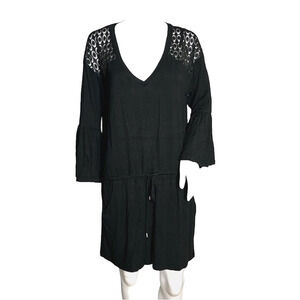 Calvin Klein Swim Cover Up Women Large Black Open Knit Detail Bell Sleeve Travel